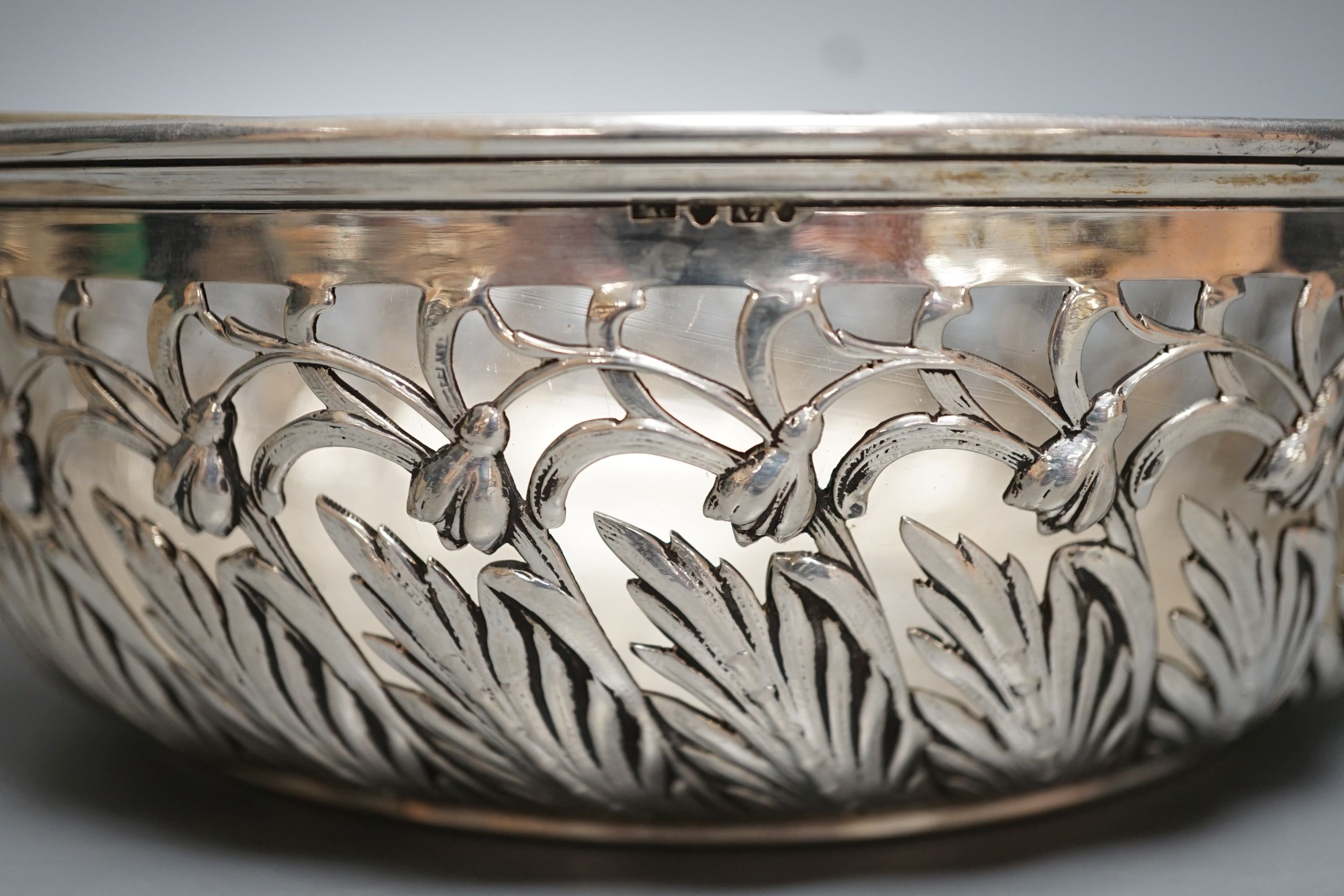 A Swedish white metal mounted glass circular bowel, diameter 18.1cm, a silver mounted cigarette box and a small silver presentation bowl.